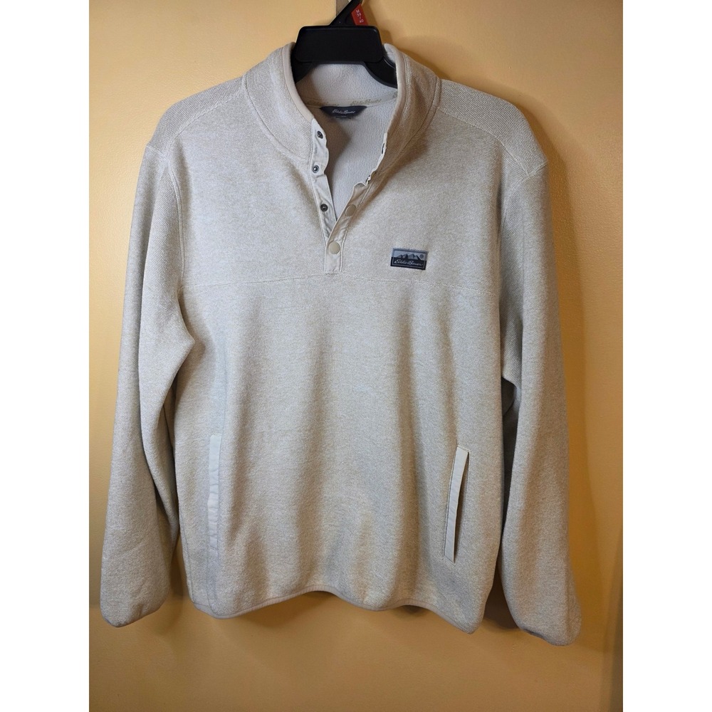 Eddie Bauer Mens Sweater Fleece Pullover Oatmeal Heather Snap Neck Large